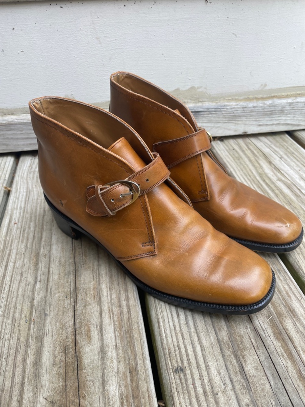 Vintage Bally “Derry” Camel Tan Leather Ankle Boots Buckle Swiss Made Size 6.5 N